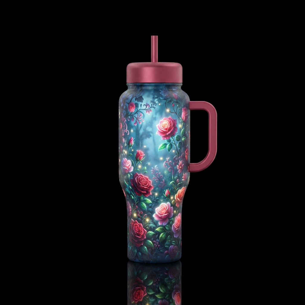 romantic, rose garden, glowie, vibrant, magical water bottle design