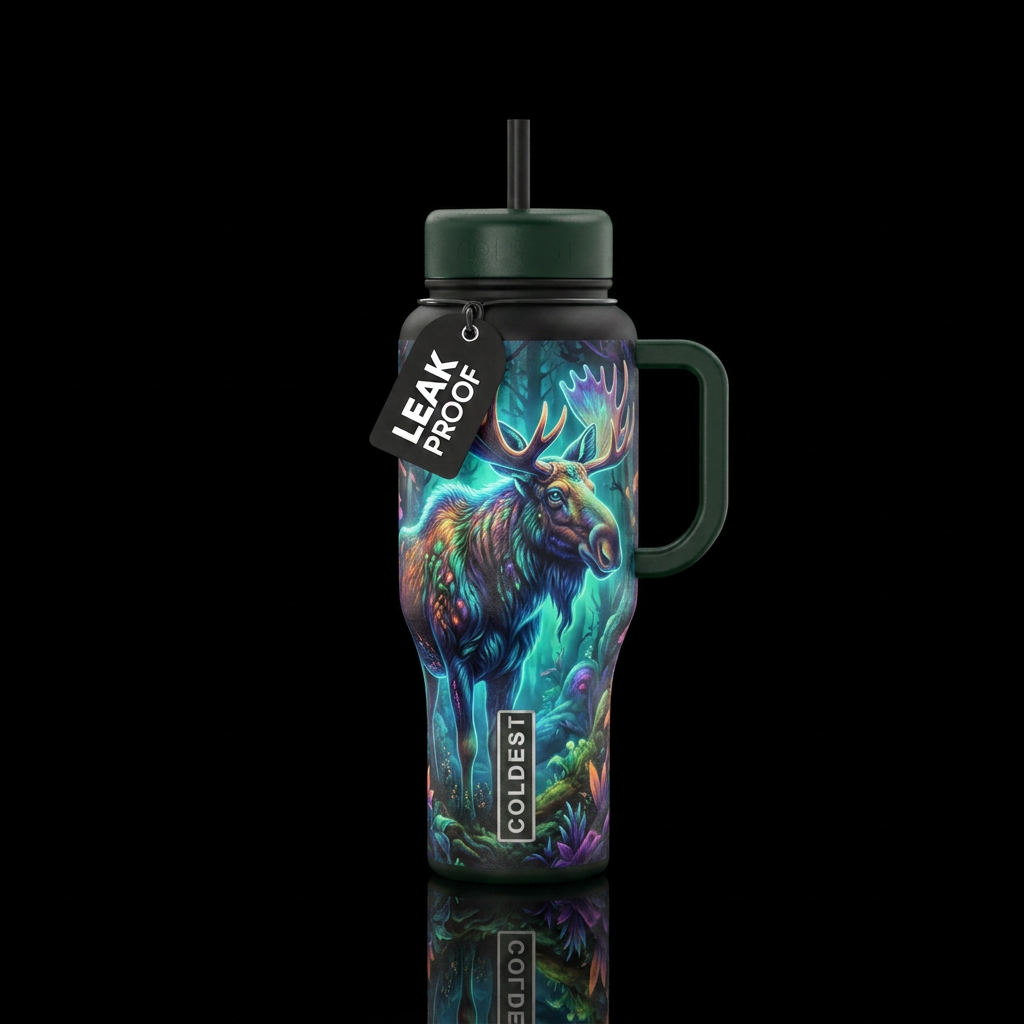 moose, glowie, beautiul, vibrant, realism water bottle design