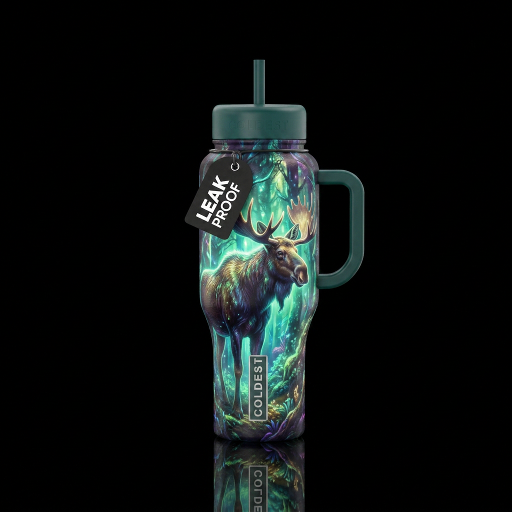 moose, glowie, beautiul, vibrant, realism water bottle design
