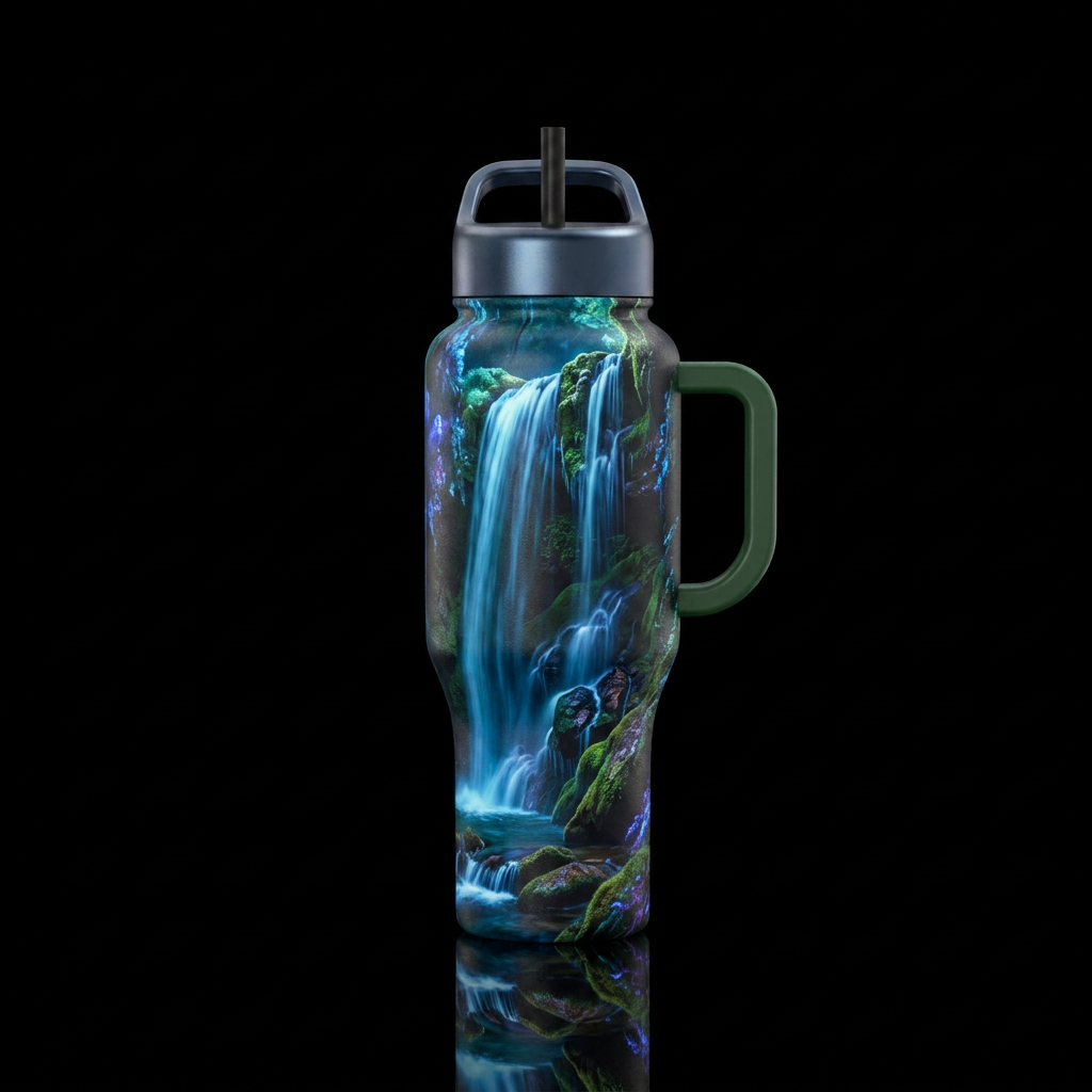 waterfall, glowie, beautiul, realism, vibrant water bottle design