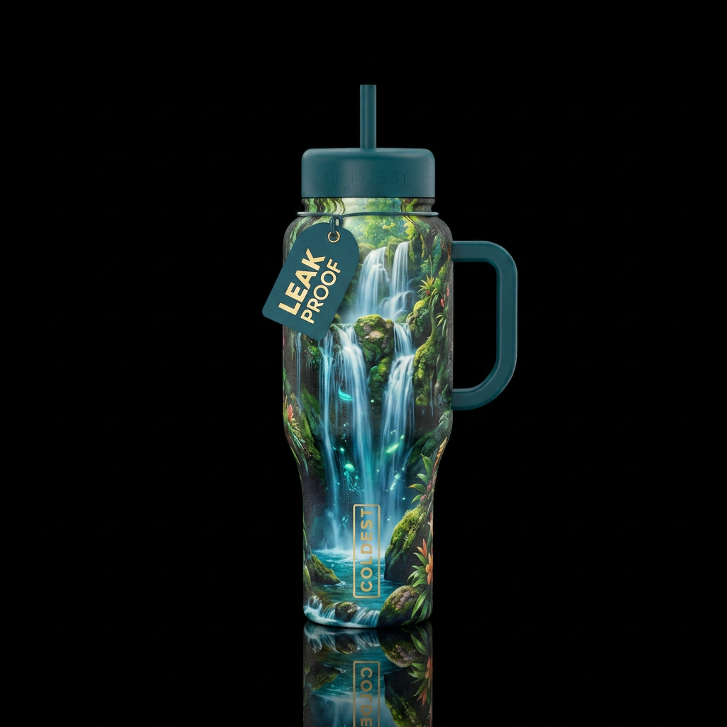 waterfall, glowie, beautiul, realism, vibrant water bottle design