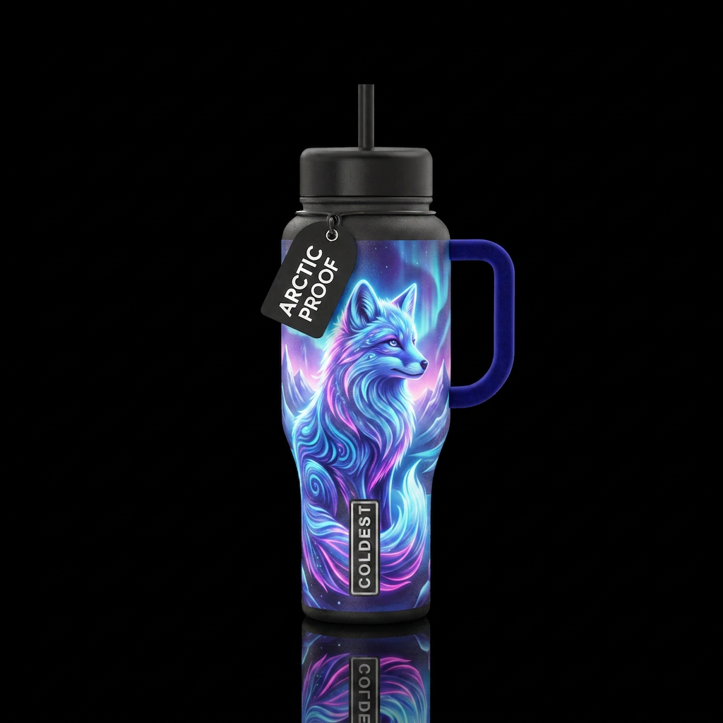 arctic fox, mountains, glowie, dreamy water bottle design