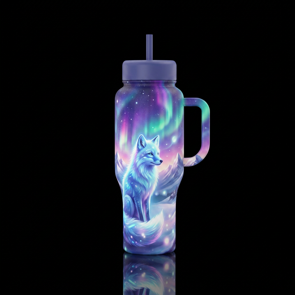 arctic fox, mountains, glowie, dreamy water bottle design
