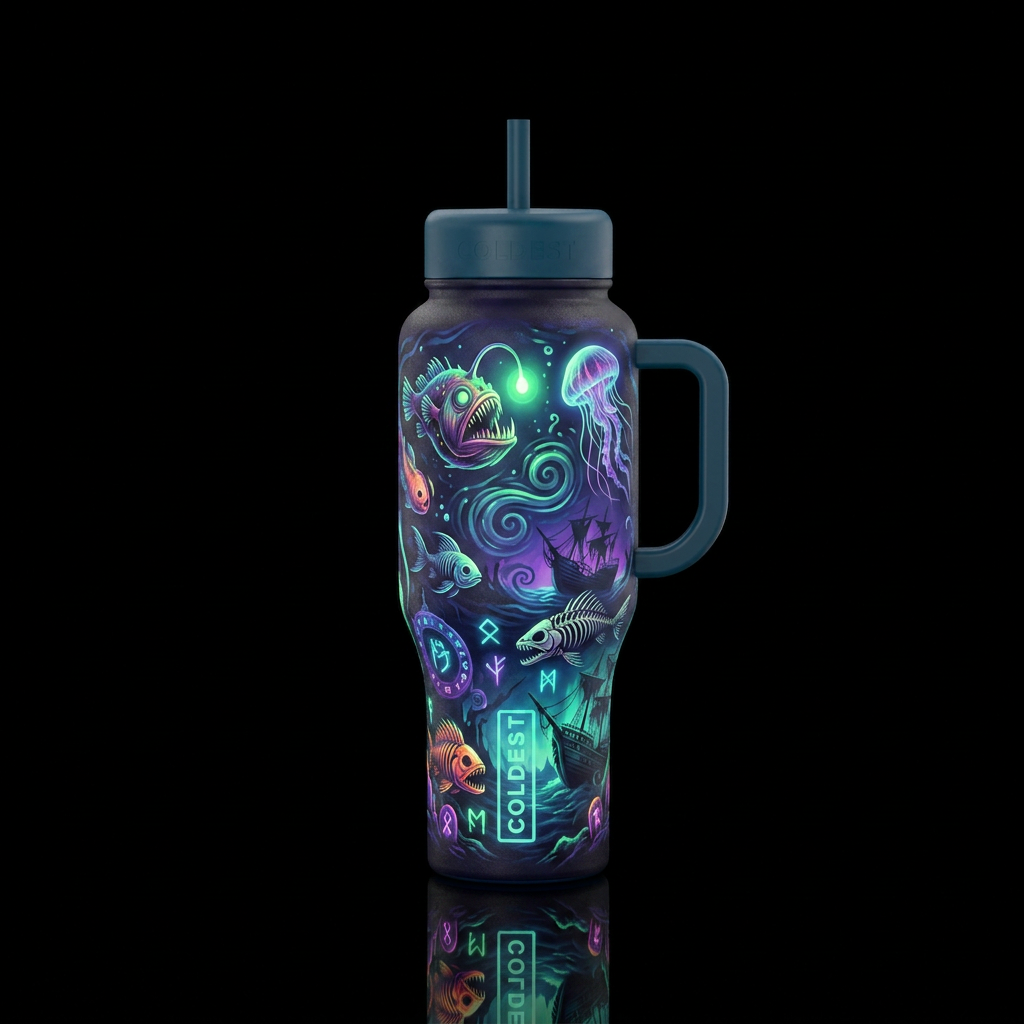 underwater, glowie, scary, haunted water bottle design