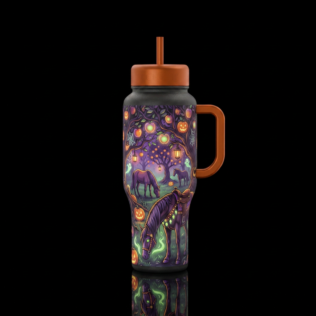 Apple orchard horses, glowie, halloween water bottle design