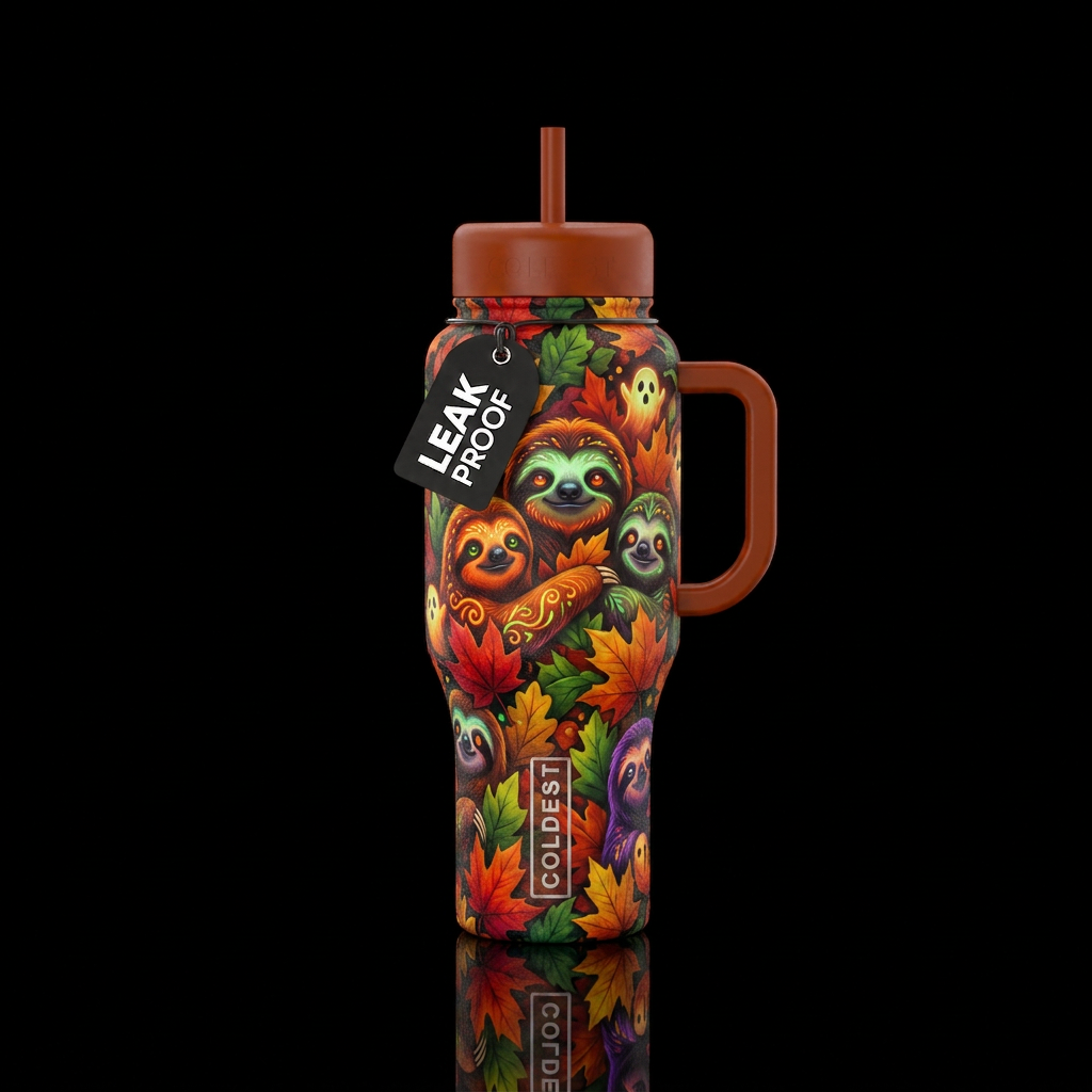 Spooky, scary, glowie, sloths, in fall leaves water bottle design