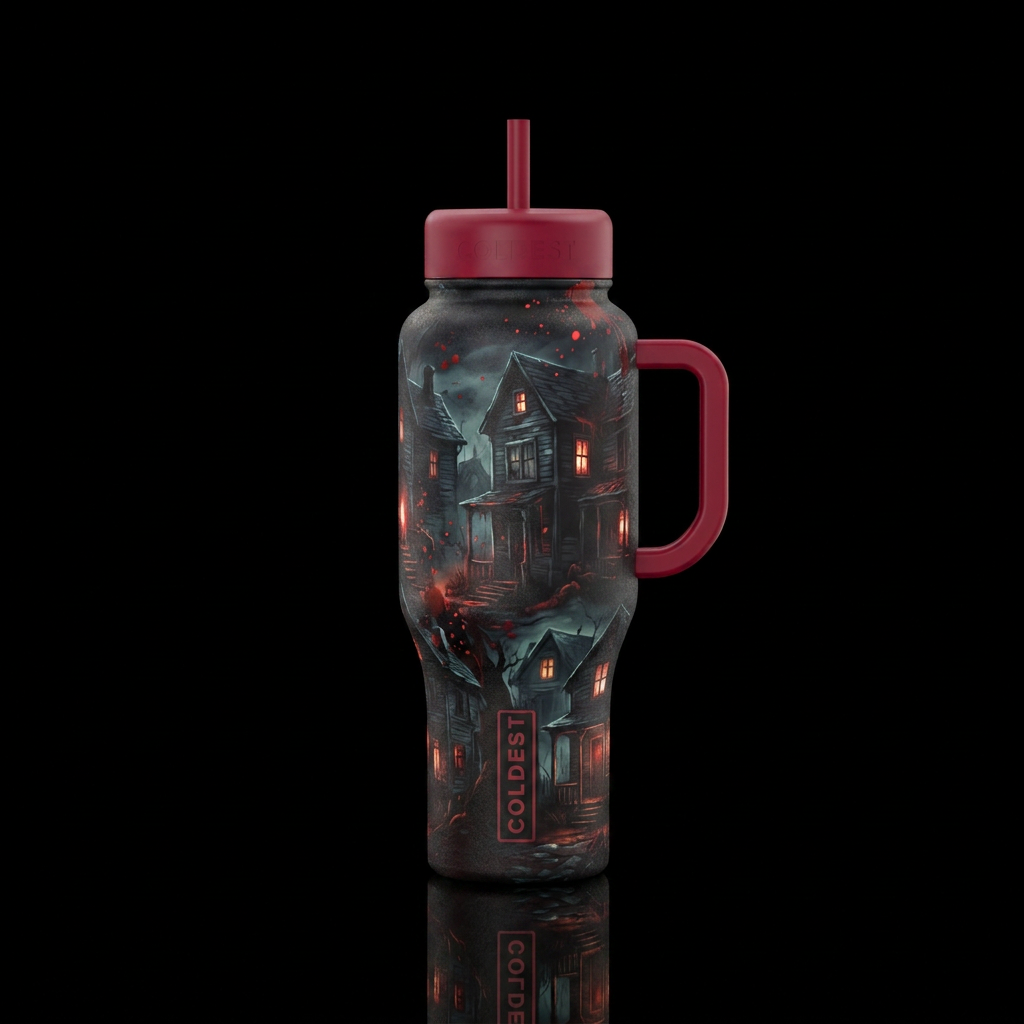 glowie, gory, Halloween slasher village water bottle design