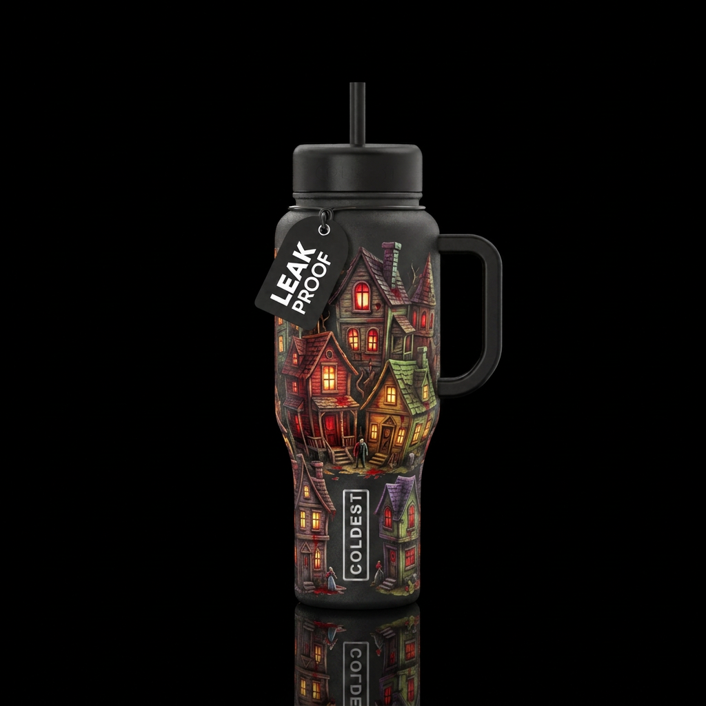 glowie, gory, Halloween slasher village water bottle design