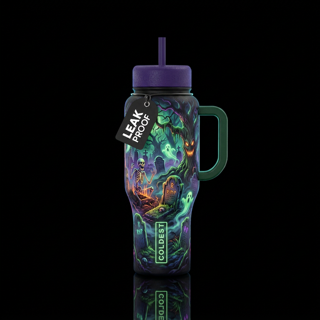scary, glowie horror graveyard water bottle design