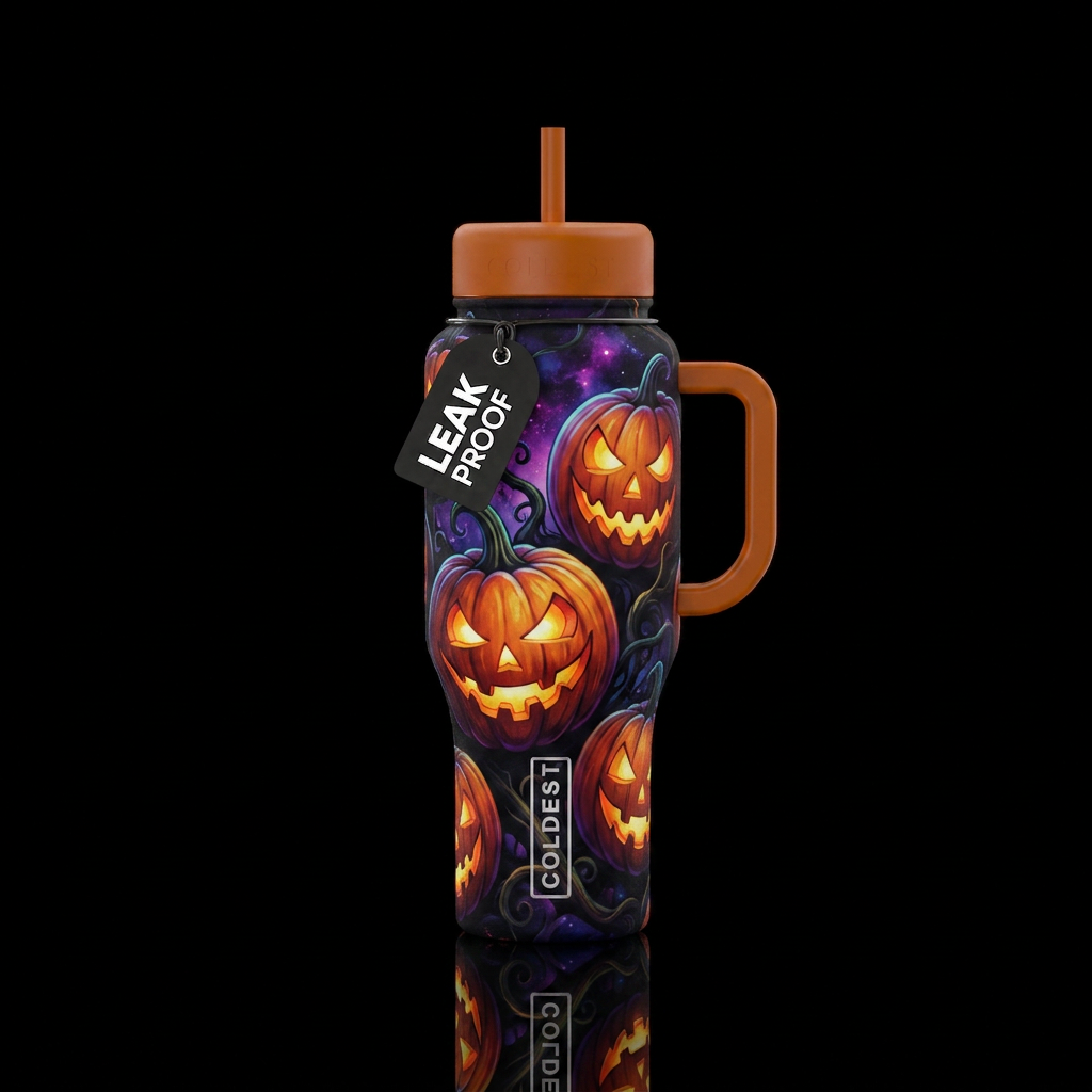 glowie, scary, darkness pumpkin head water bottle design