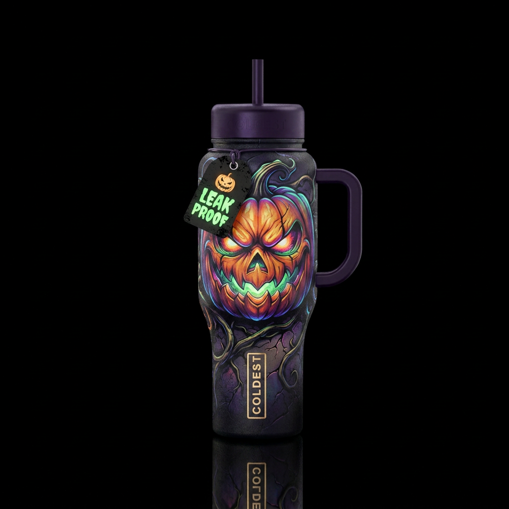 glowie, scary, darkness pumpkin head water bottle design