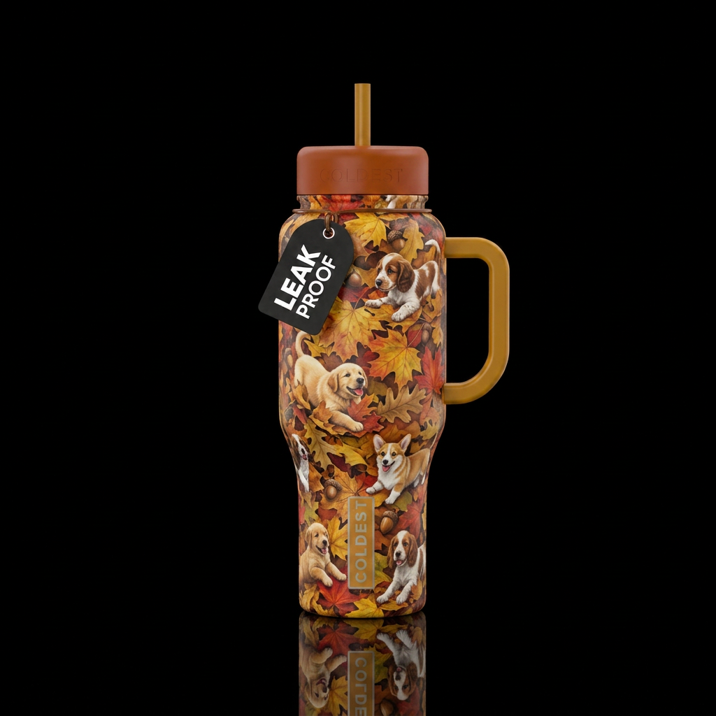 Fall leaves with puppies playing water bottle design