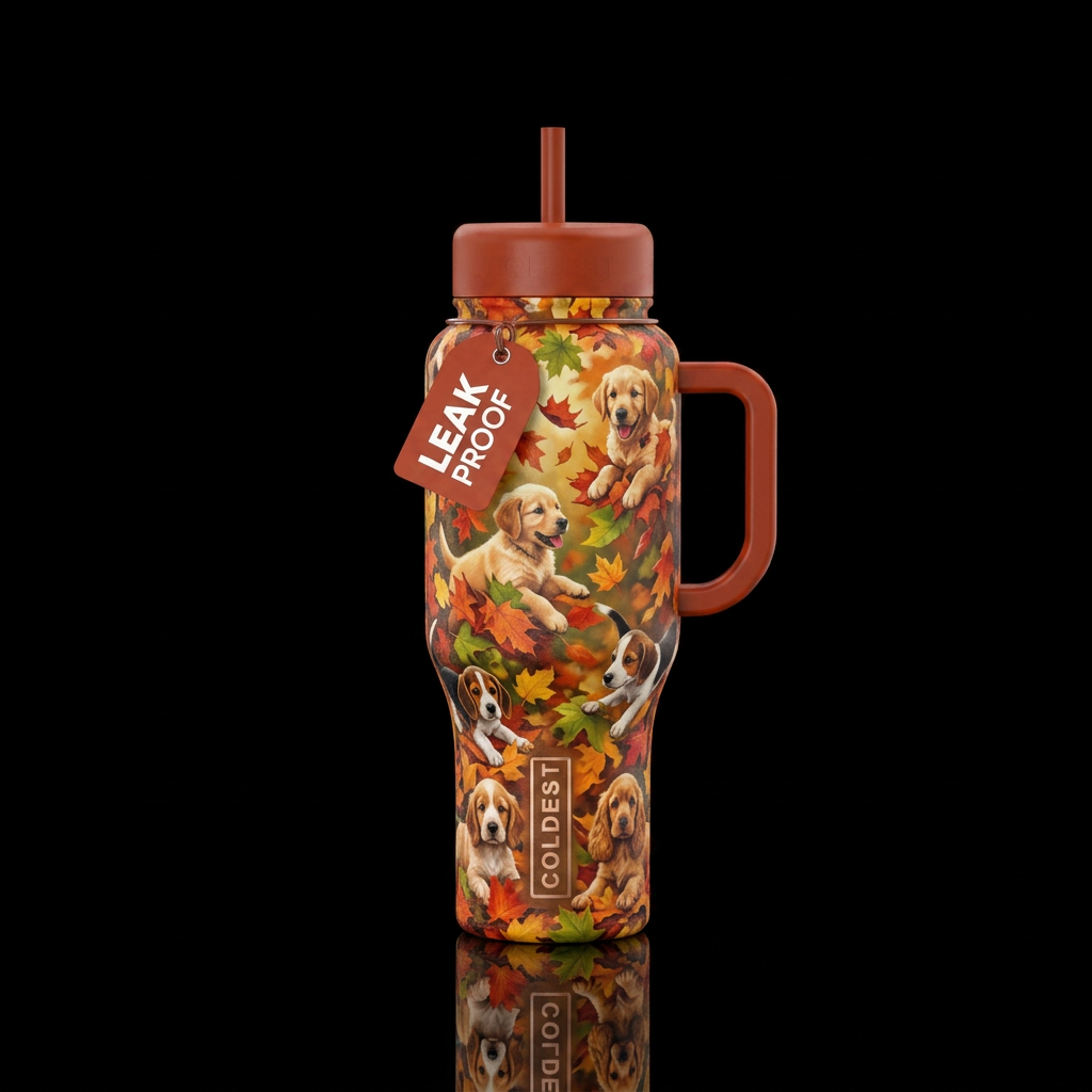 Fall leaves with puppies playing water bottle design