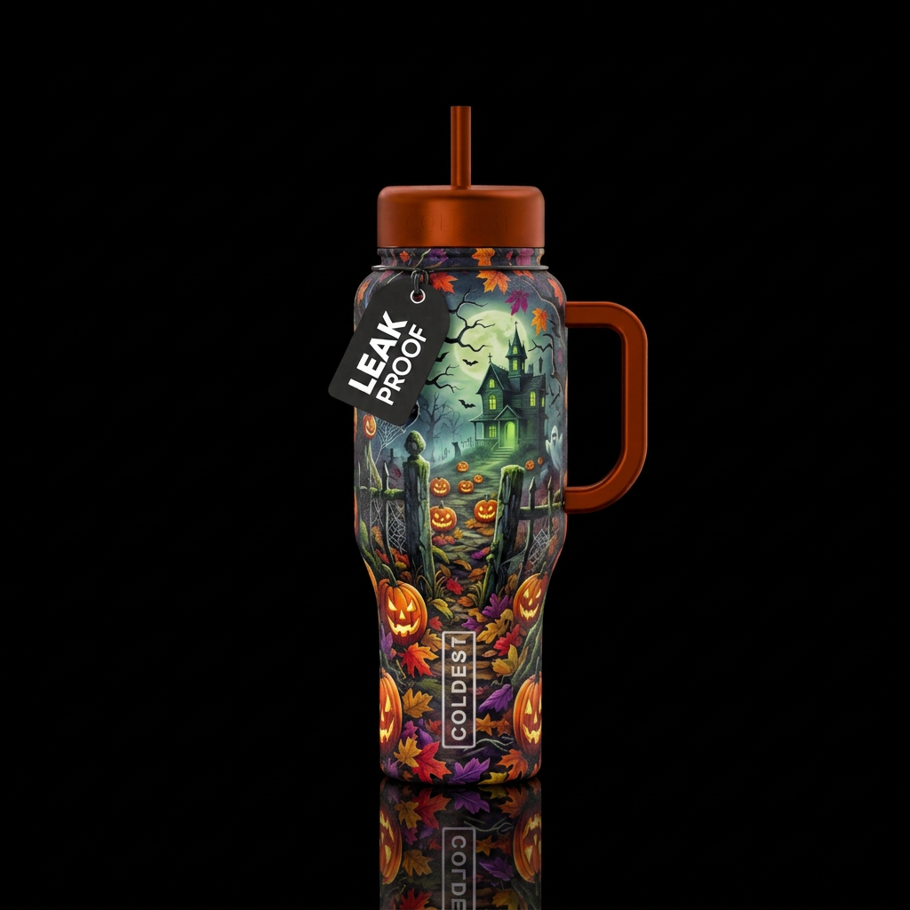 haunted, autumn harvest water bottle design