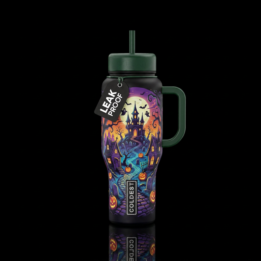 haunted. Halloween town water bottle design