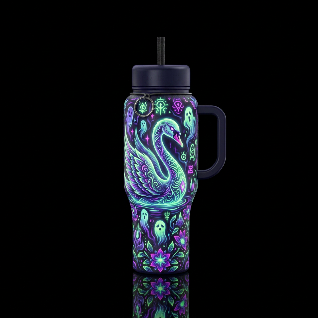 haunted, glowie, swan water bottle design