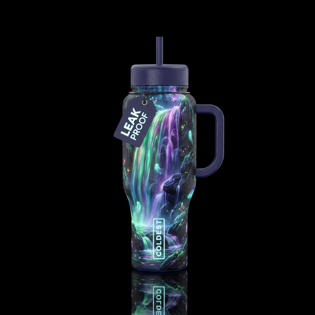 haunted, glowie, waterfall water bottle design