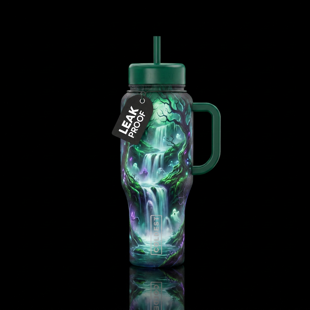 haunted, glowie, waterfall water bottle design