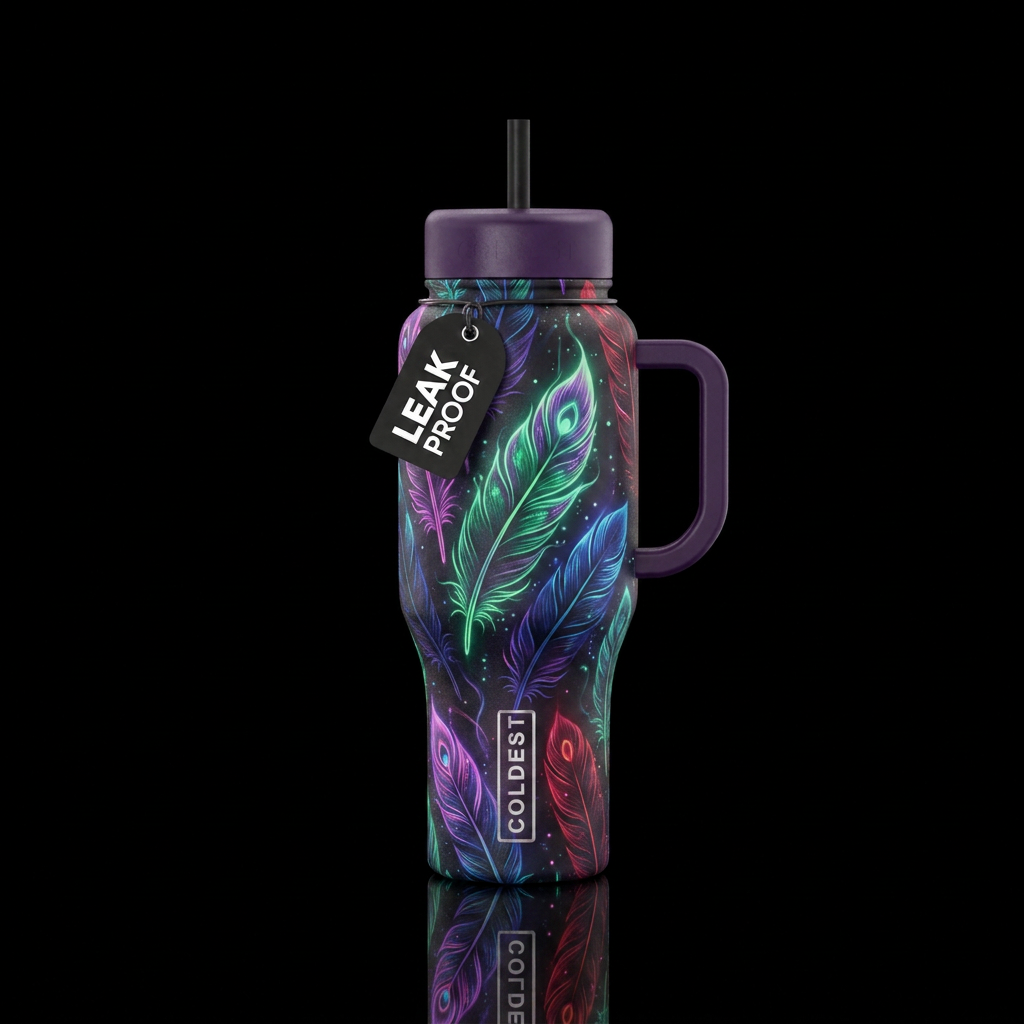 haunted, feathers, glowie water bottle design