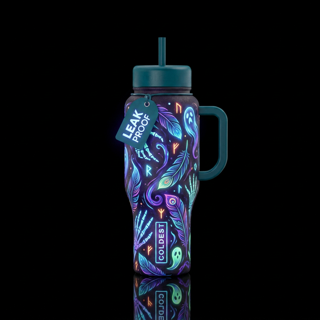 haunted, feathers, glowie water bottle design