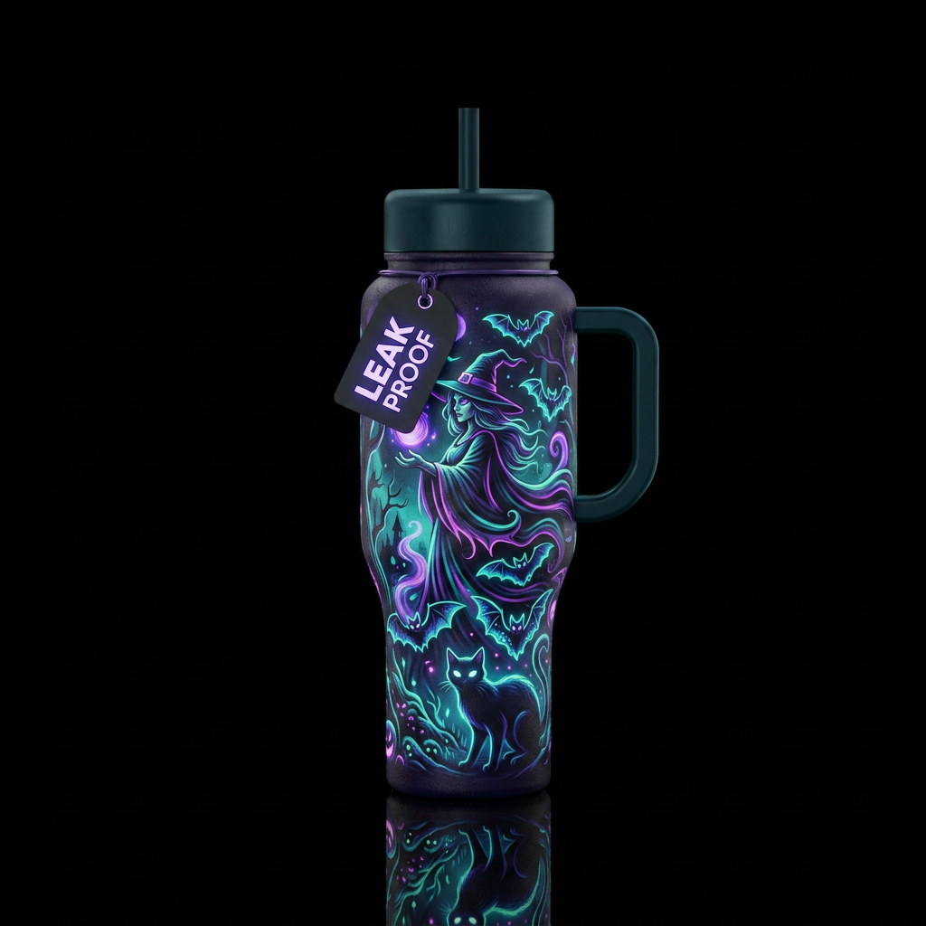 Witch, bat, cat, glowie, haunted, dark mood water bottle design