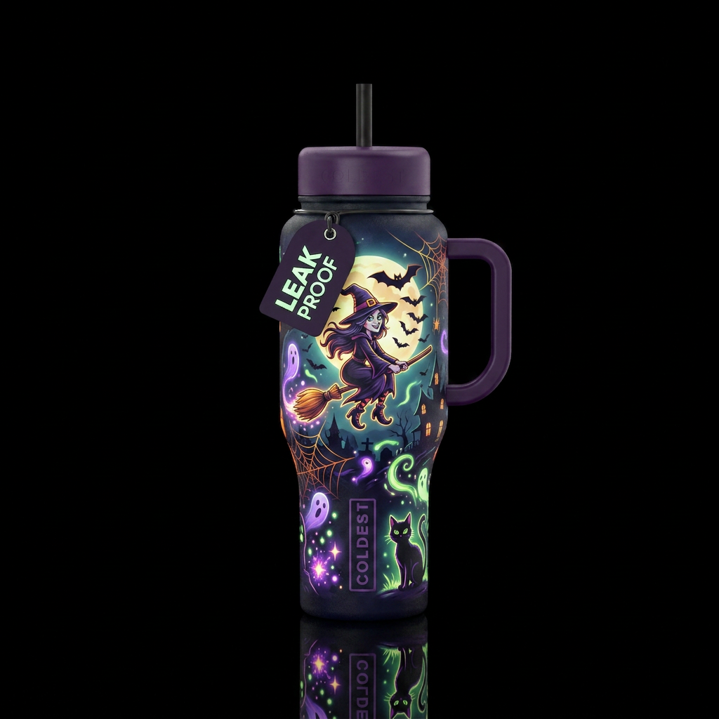 Witch, bat, cat, glowie, haunted, dark mood water bottle design
