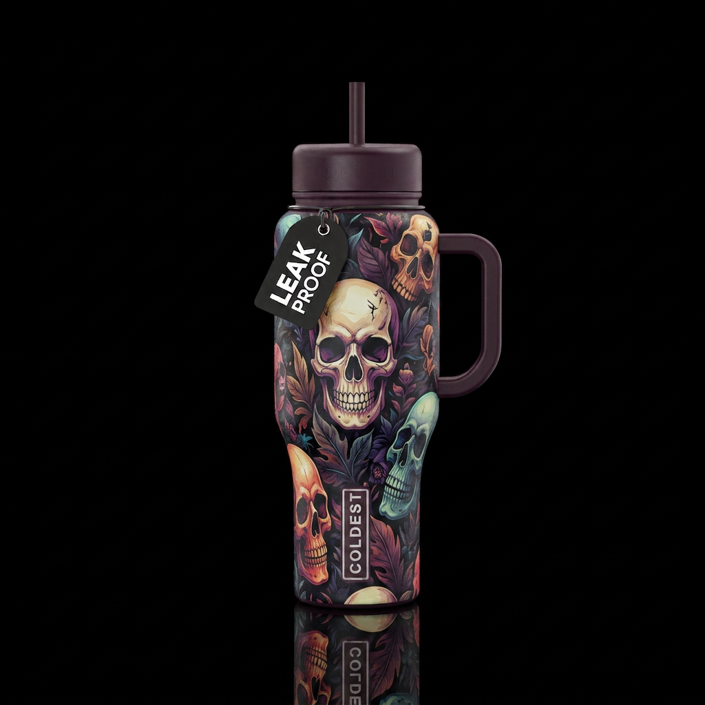 Skull, leaves, dark mood, haunted water bottle design