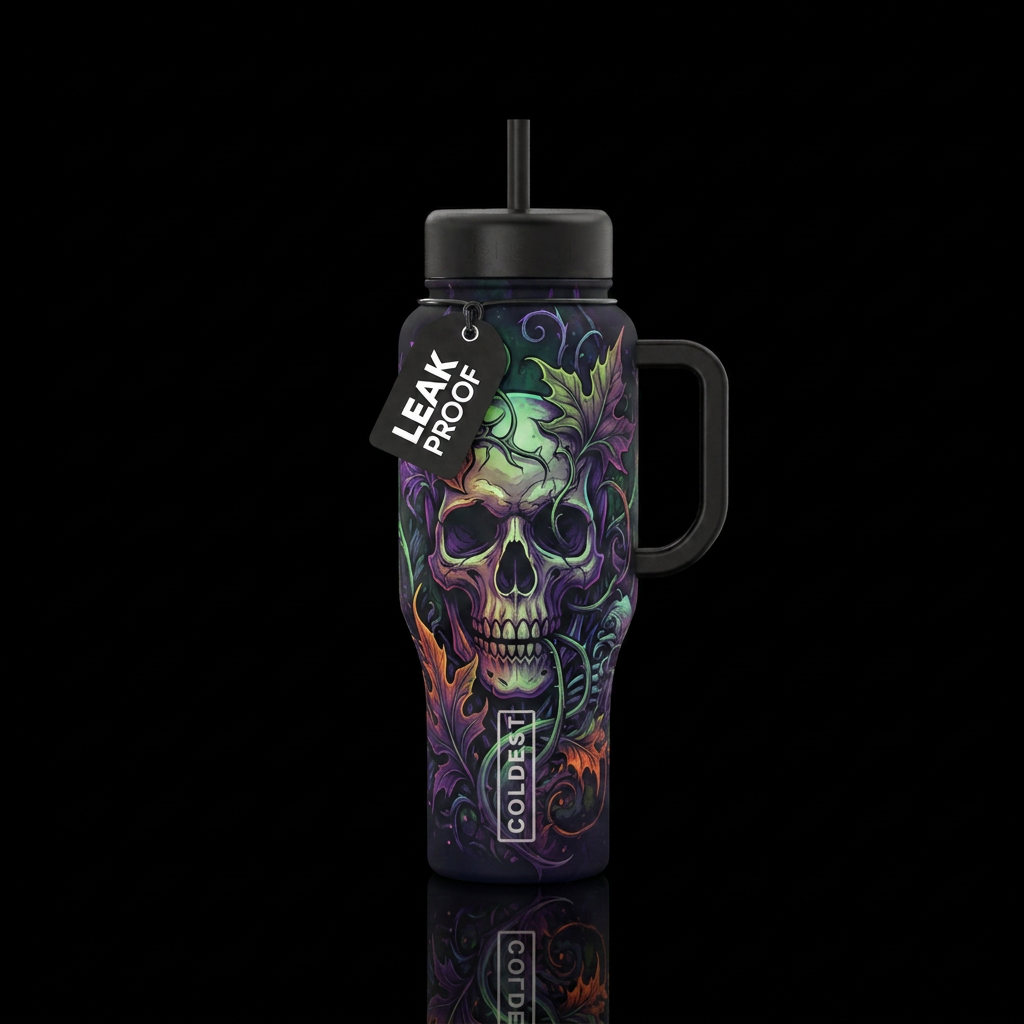 Skull, leaves, dark mood, haunted water bottle design