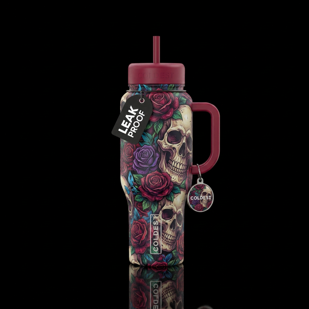 haunted, skulls and roses water bottle design
