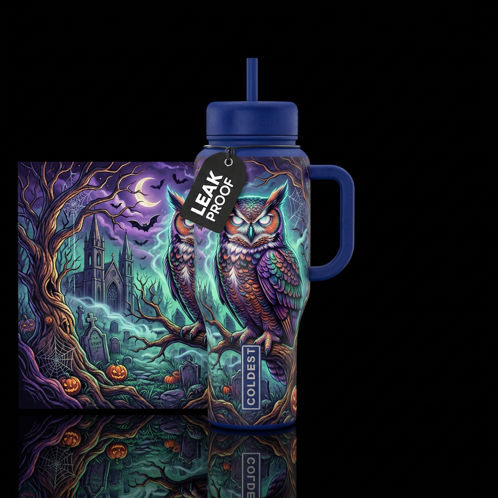 haunted, owl water bottle design