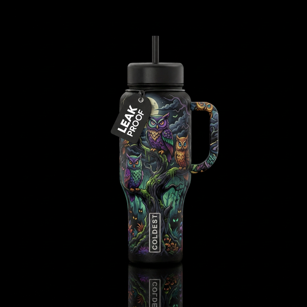 haunted, owl water bottle design