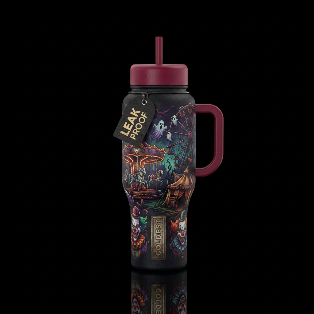 dark mood, haunted, carnival water bottle design