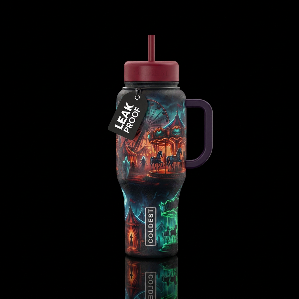 dark mood, haunted, carnival water bottle design