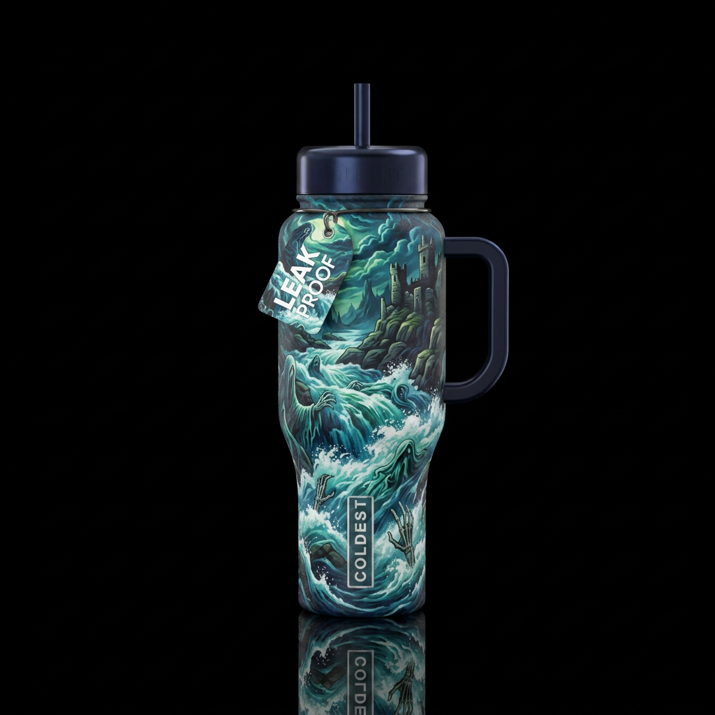 haunted, rushing rapids water bottle design