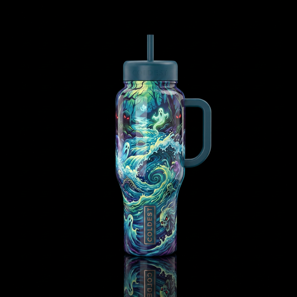 haunted, rushing rapids water bottle design
