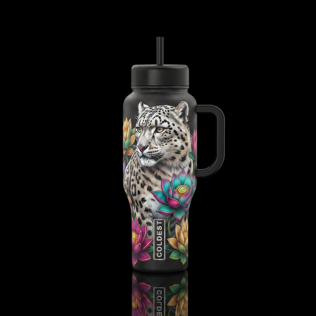 snow leopard with lotus flower water bottle design