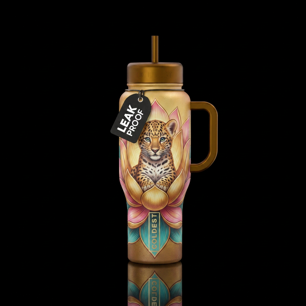 Leopard cub sitting in a lotus flower water bottle design
