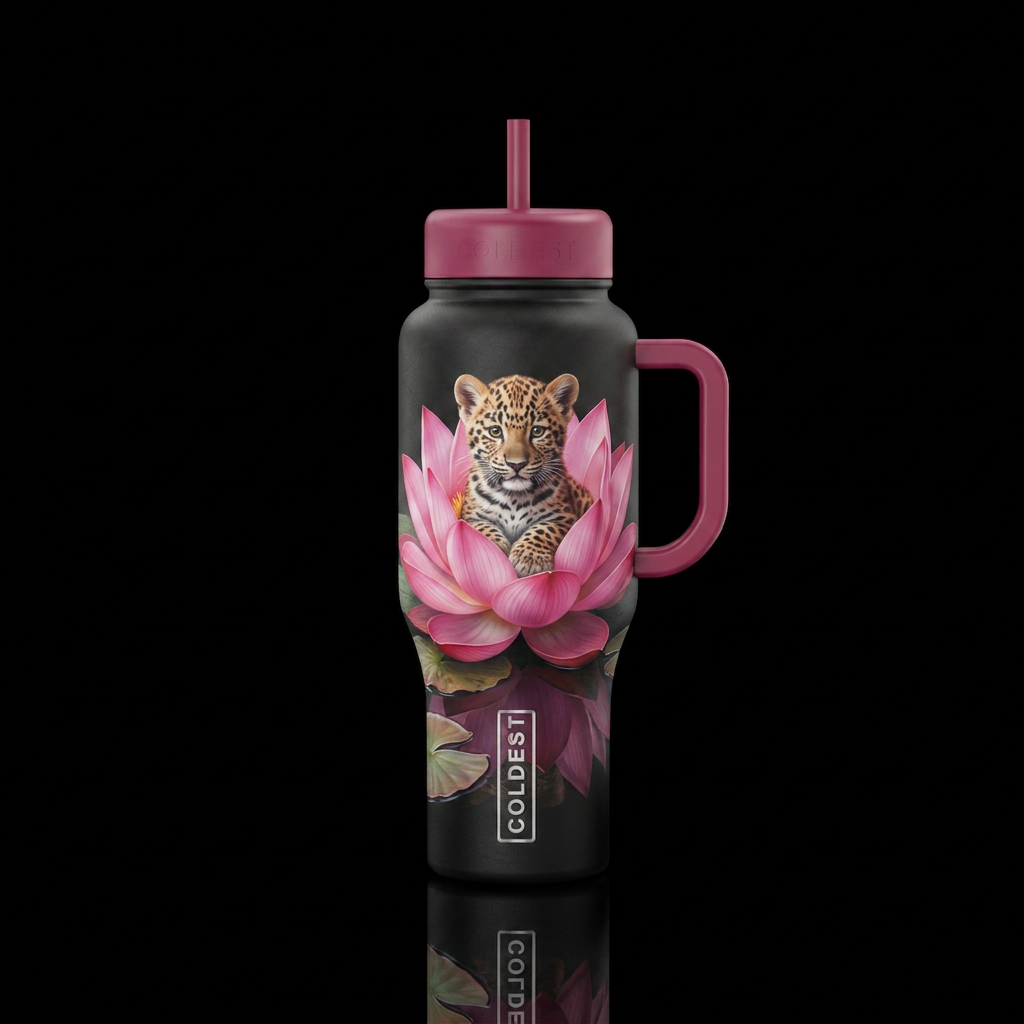 Leopard cub sitting in a lotus flower water bottle design