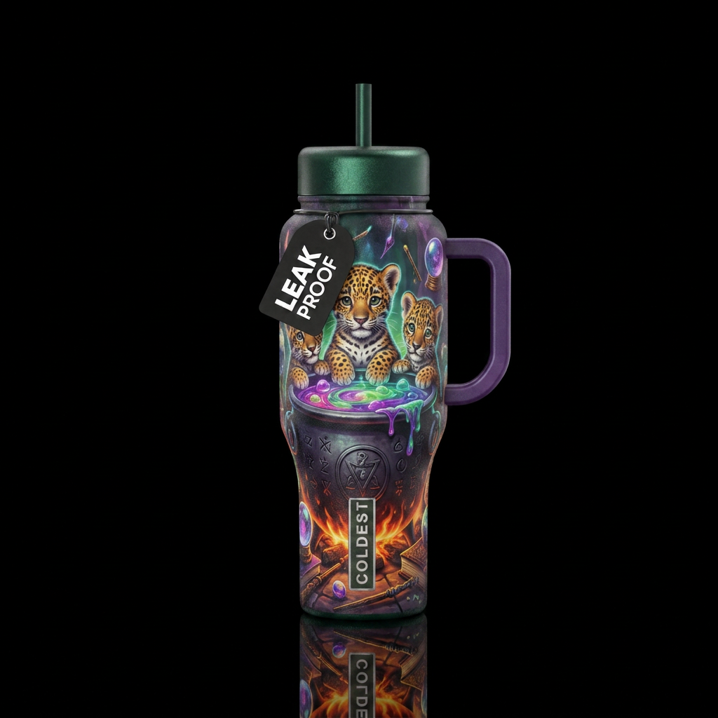 Jaguar cubs sitting in witches cauldron water bottle design