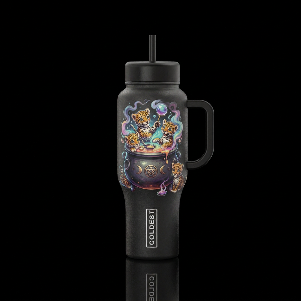 Jaguar cubs sitting in witches cauldron water bottle design