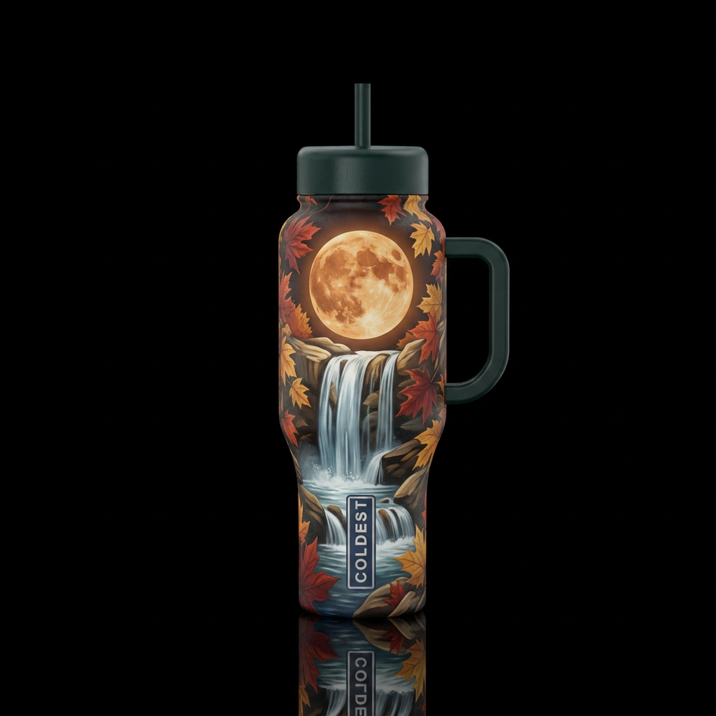 Fall moon over a waterfall water bottle design