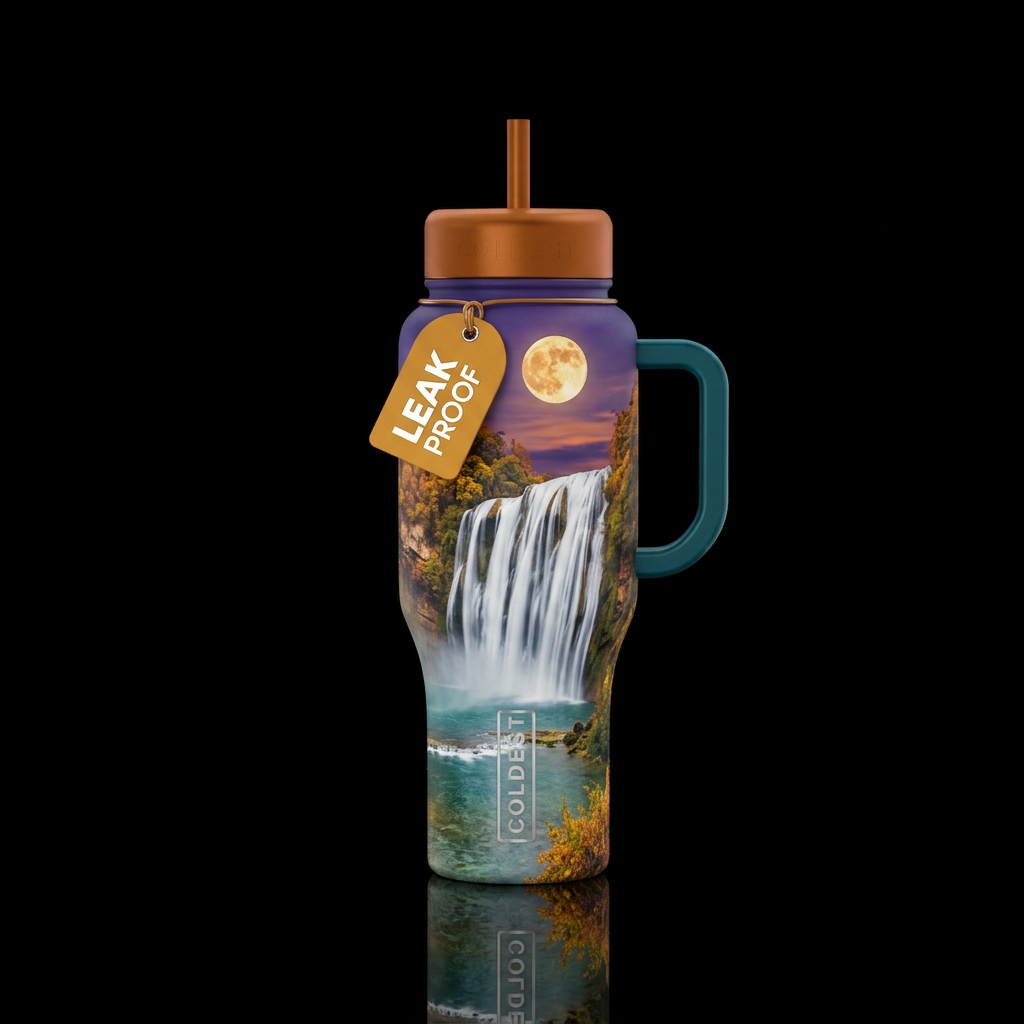Fall moon over a waterfall water bottle design