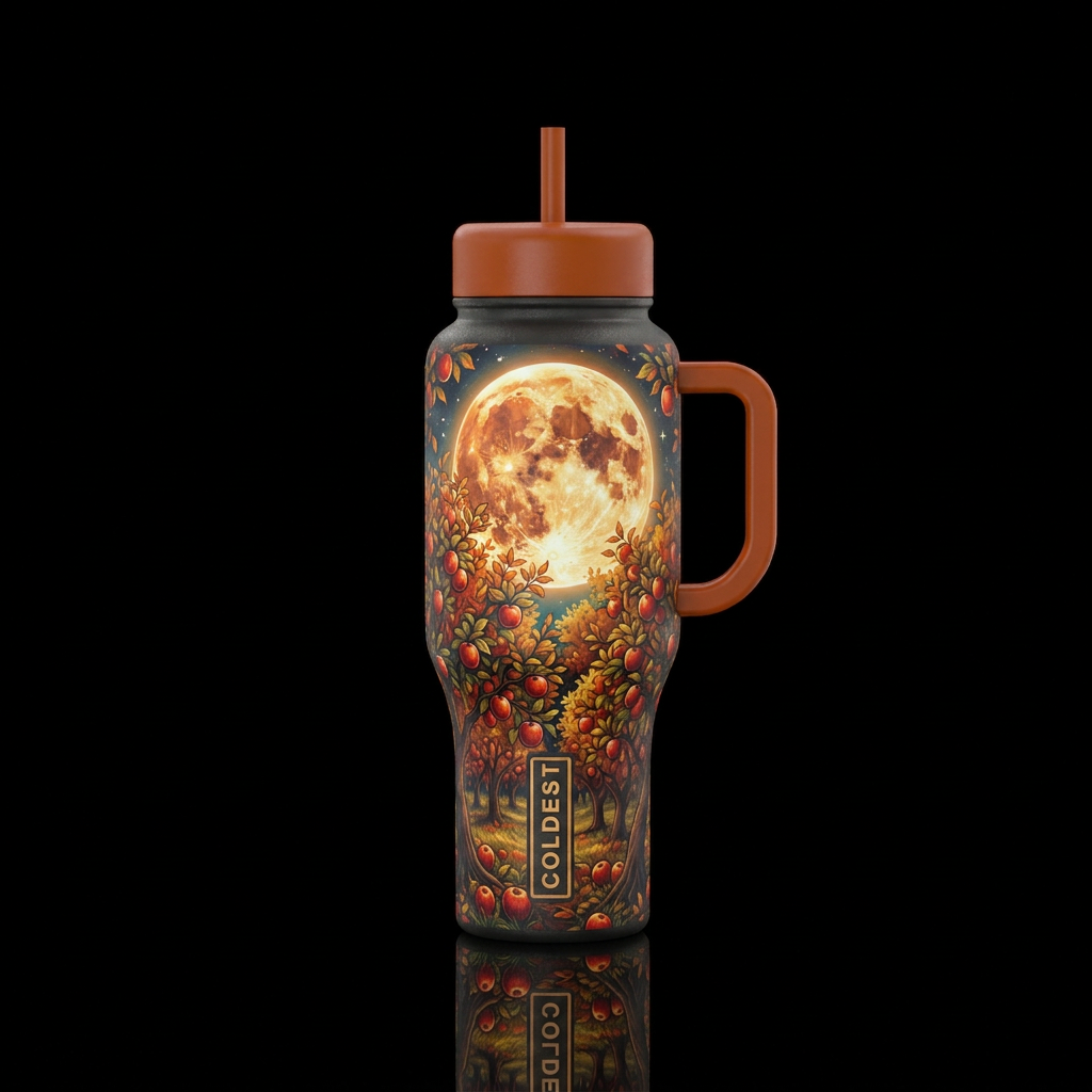 Fall moon over apple orchard water bottle design