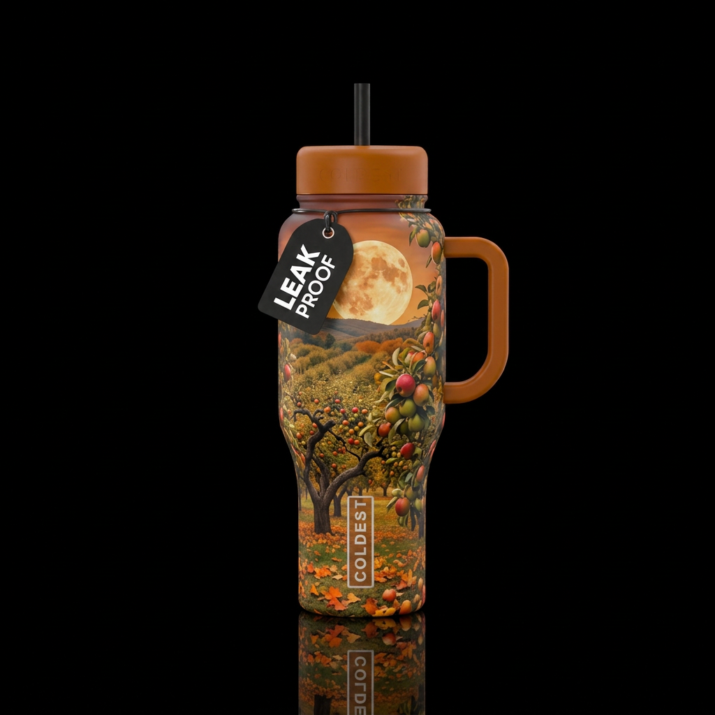 Fall moon over apple orchard water bottle design