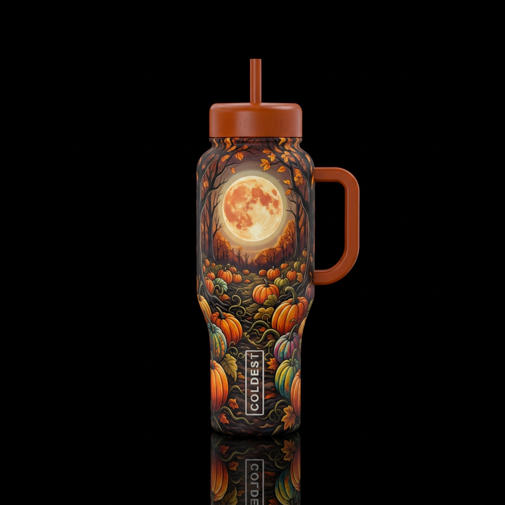 Fall moon over a pumpkin patch water bottle design