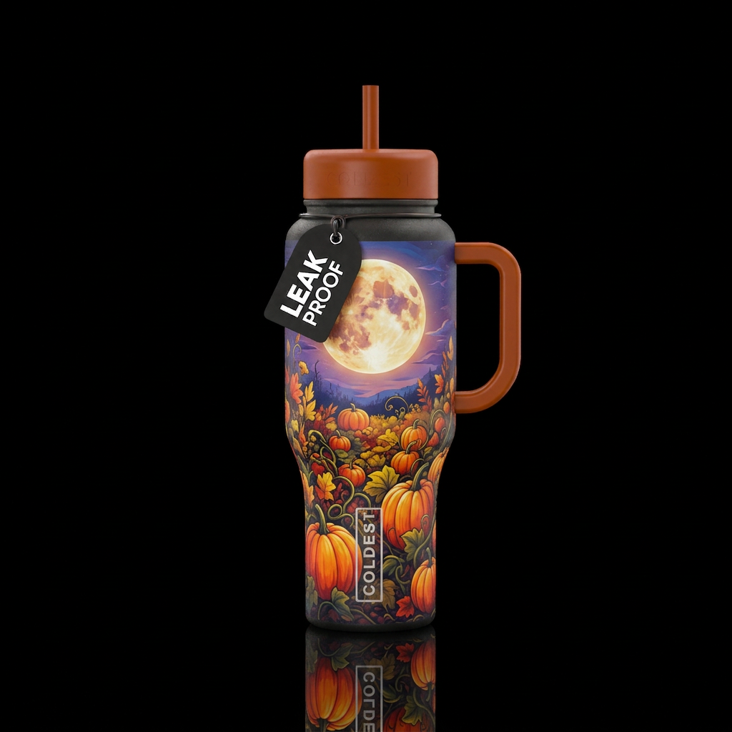 Fall moon over a pumpkin patch water bottle design