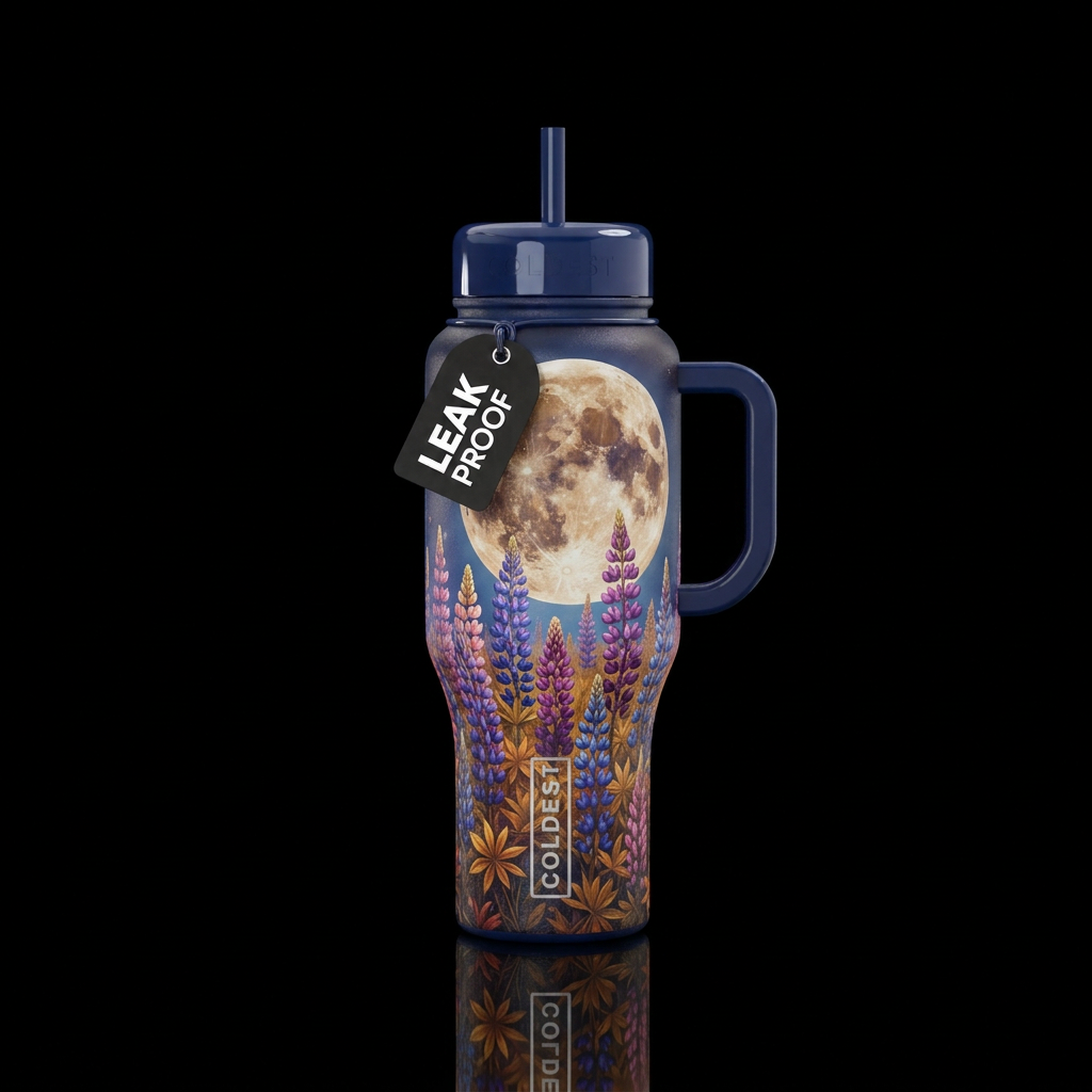 Fall moon over meadow of lupins water bottle design