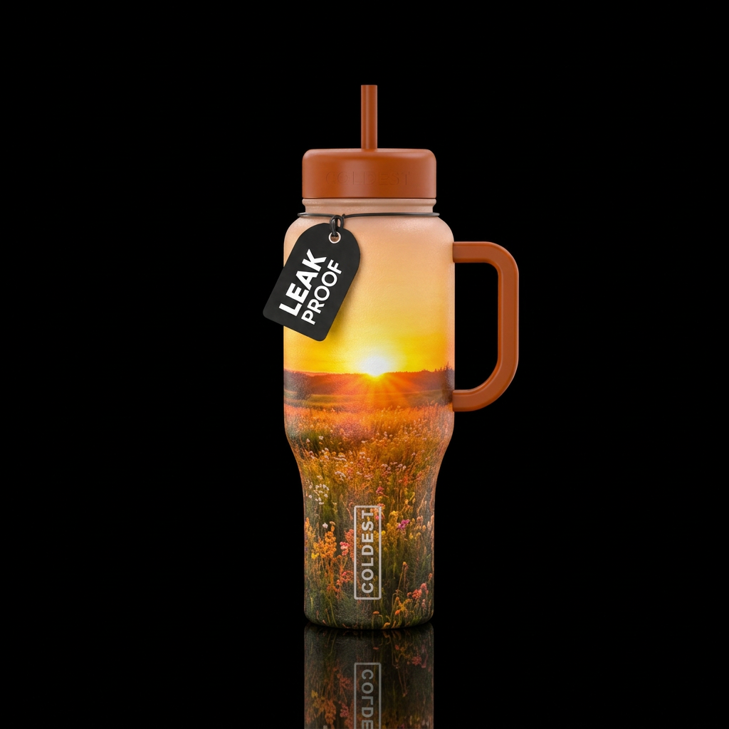 Sunrise over a meadow water bottle design