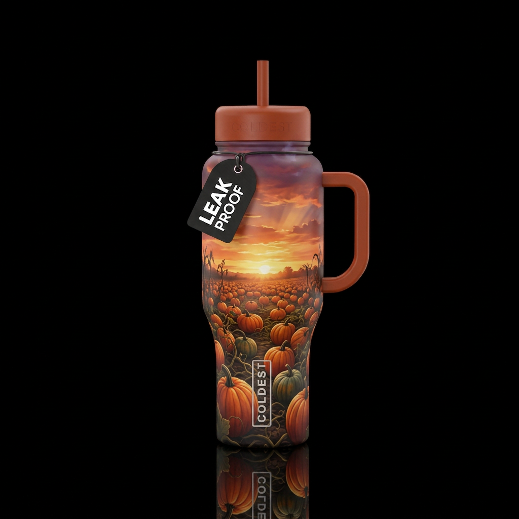 Sunset over a pumpkin patch water bottle design