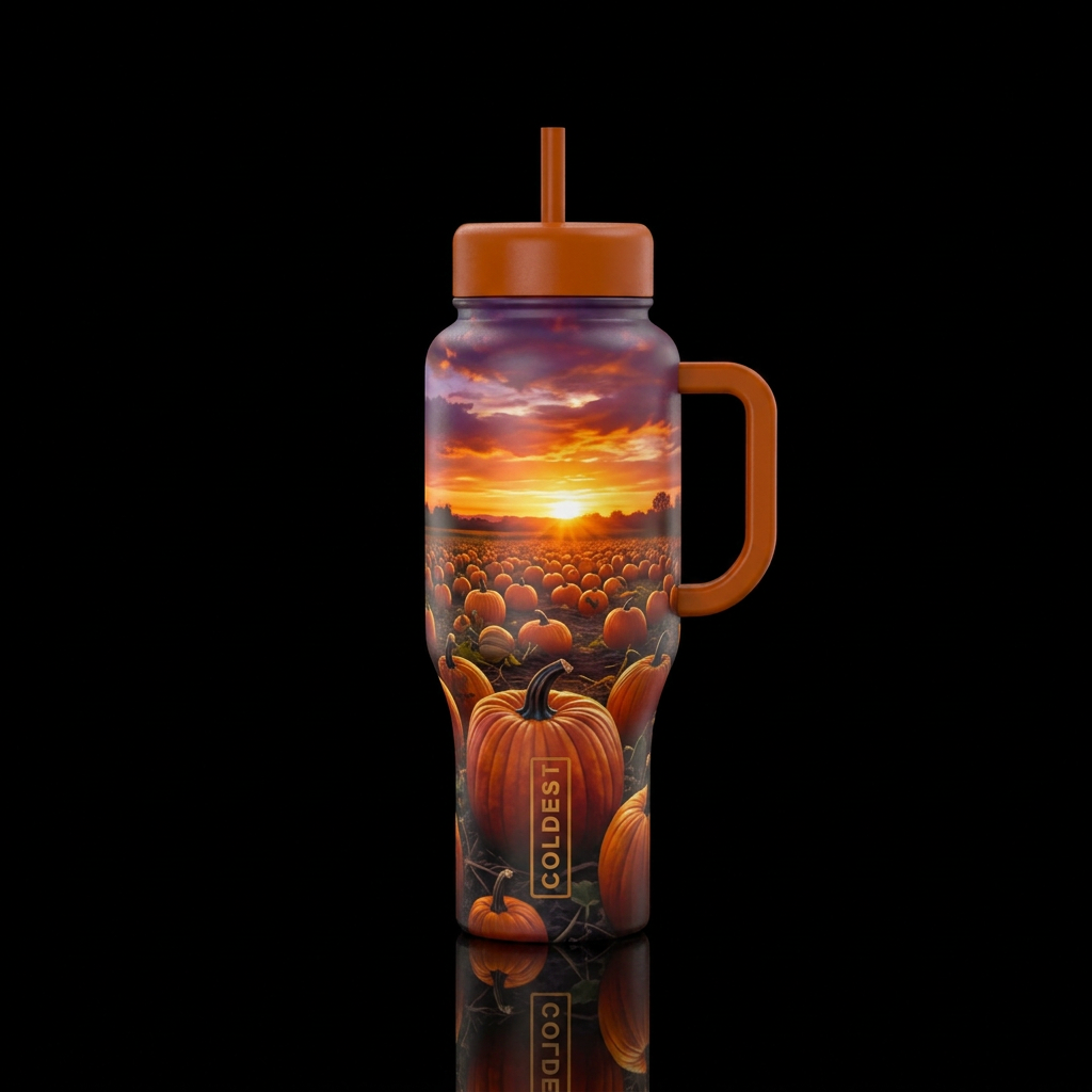 Sunset over a pumpkin patch water bottle design